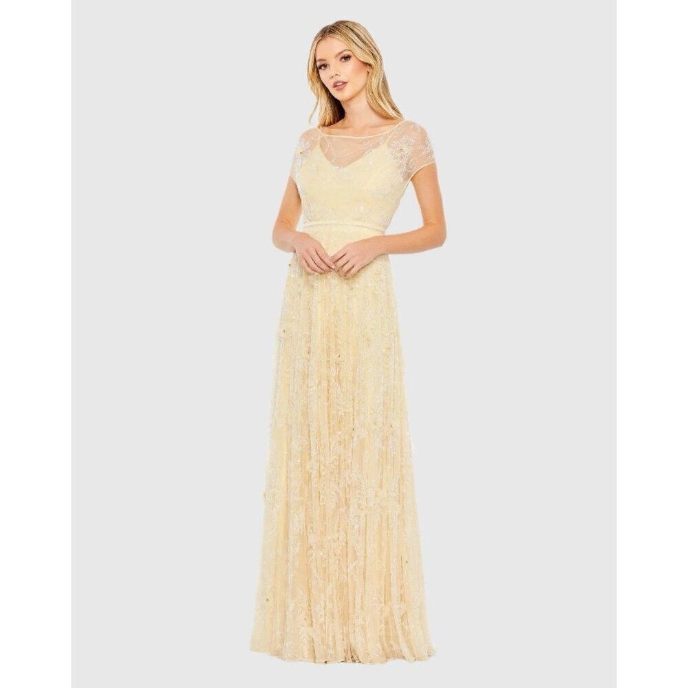 MAC DUGGAL Size 14 Yellow 70274 Embellished Illusion Cap Sleeve Formal Gown $598